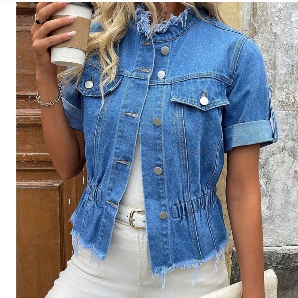 Women's Casual Rolled Sleeve Denim Jacket, Summer - Picture 1 of 3